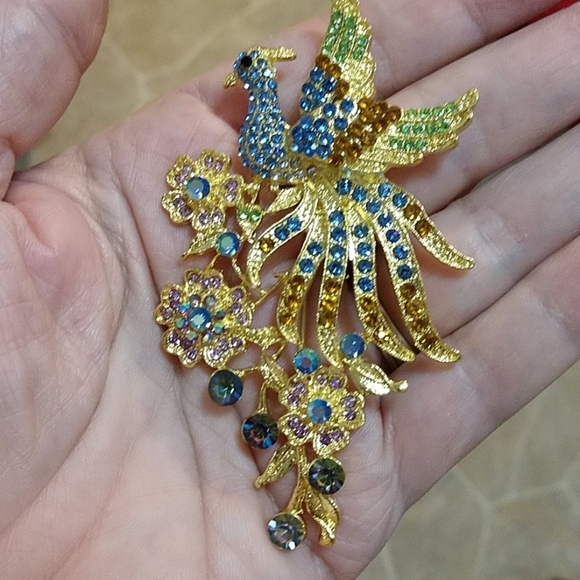 Jewelry - Peacock Brooch Pin and Pendant 1/4" Bale Large Colorful Rhinestones Bling